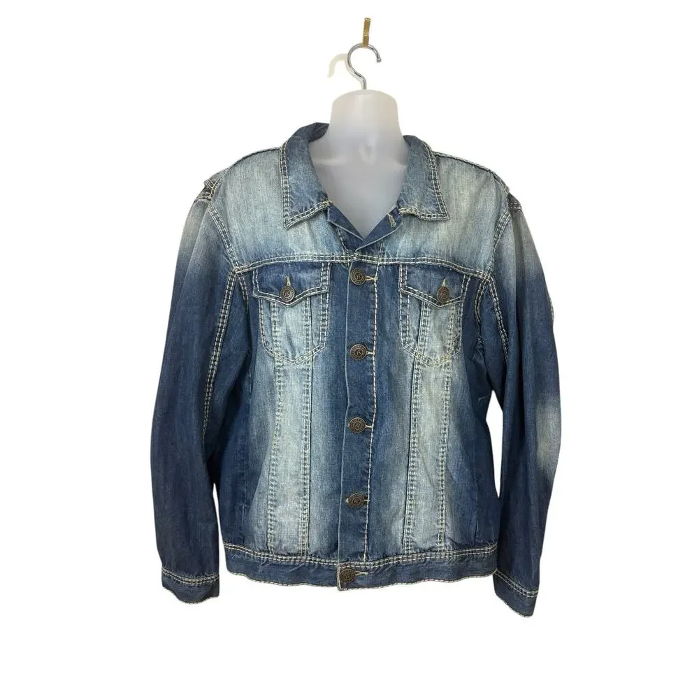 Rivet‎ de Cru Jacket Mens Size 3X Classic Trucker Denim Stitched Moto Distressed